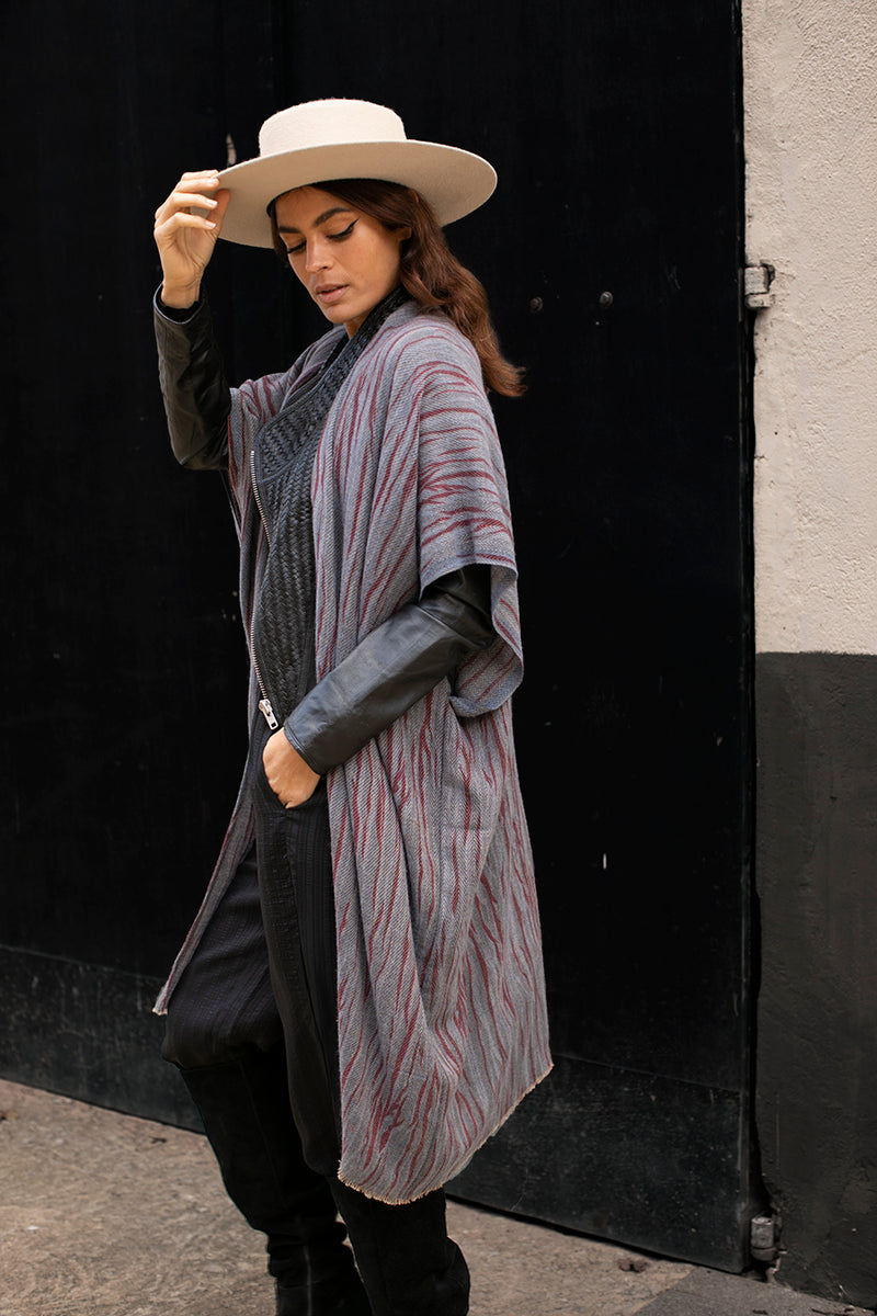 Wool Open Poncho Blue and Maroon