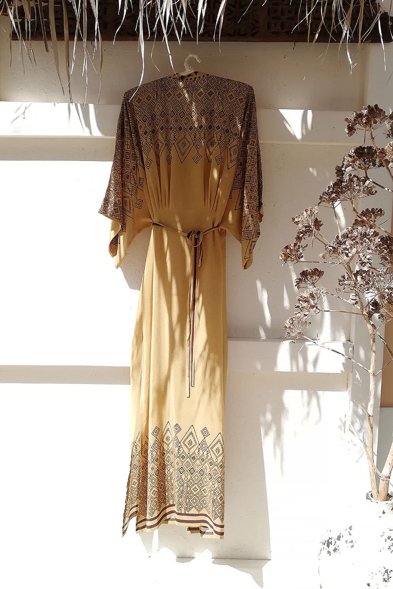 Beige and Brown Printed Silk Kimono Dress