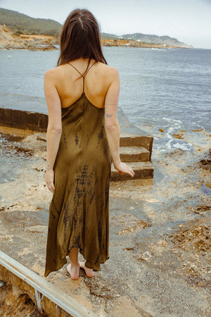 ZEN MAXI DRESS SILK OLIVE TIE DYE