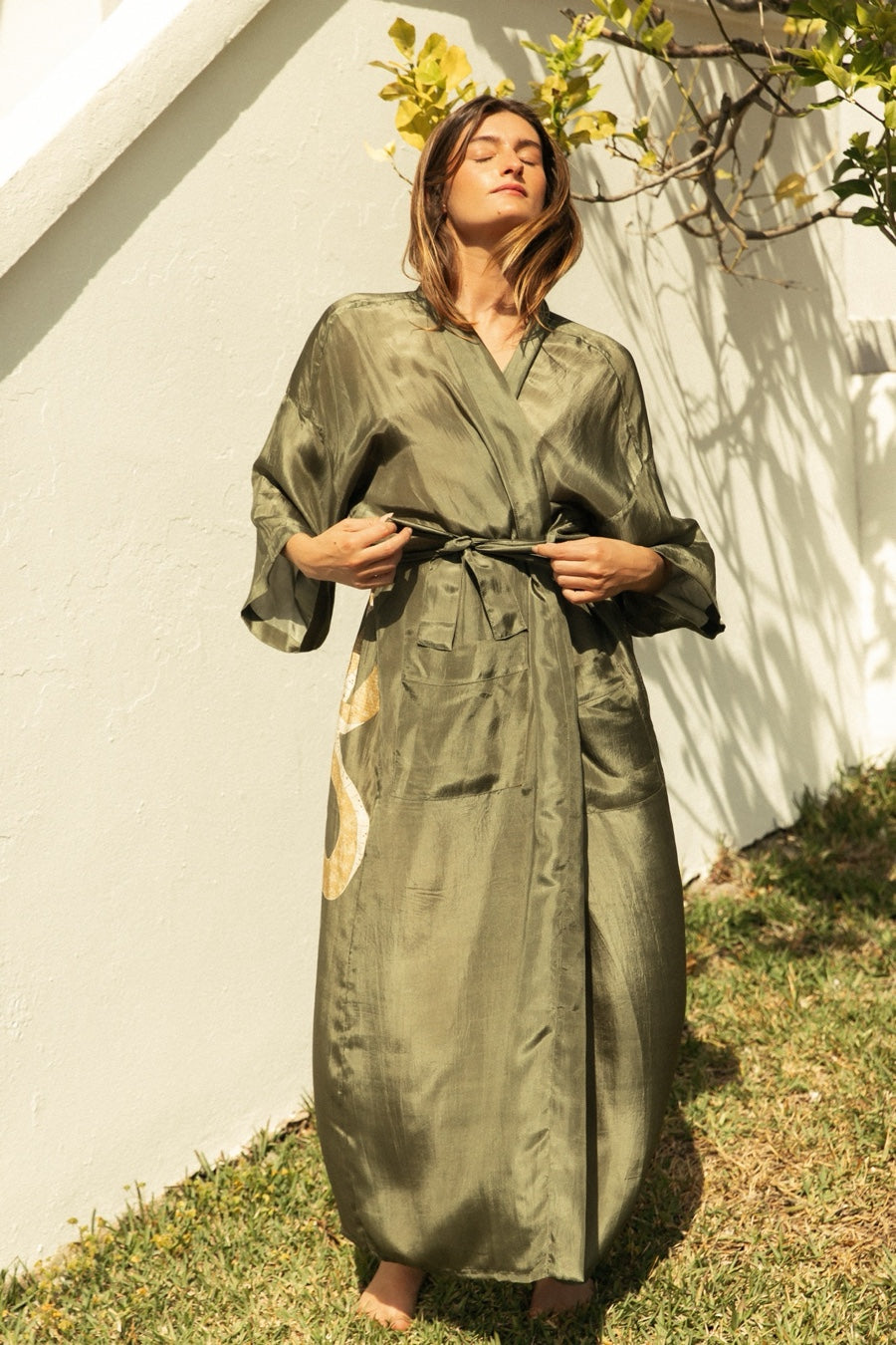 MAX DUSTER SILK KIMONO OLIVE