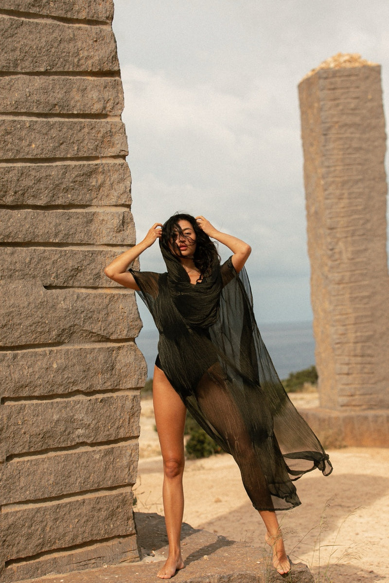 ANU DRESS CHIFFON FEATHER BLACK GREY