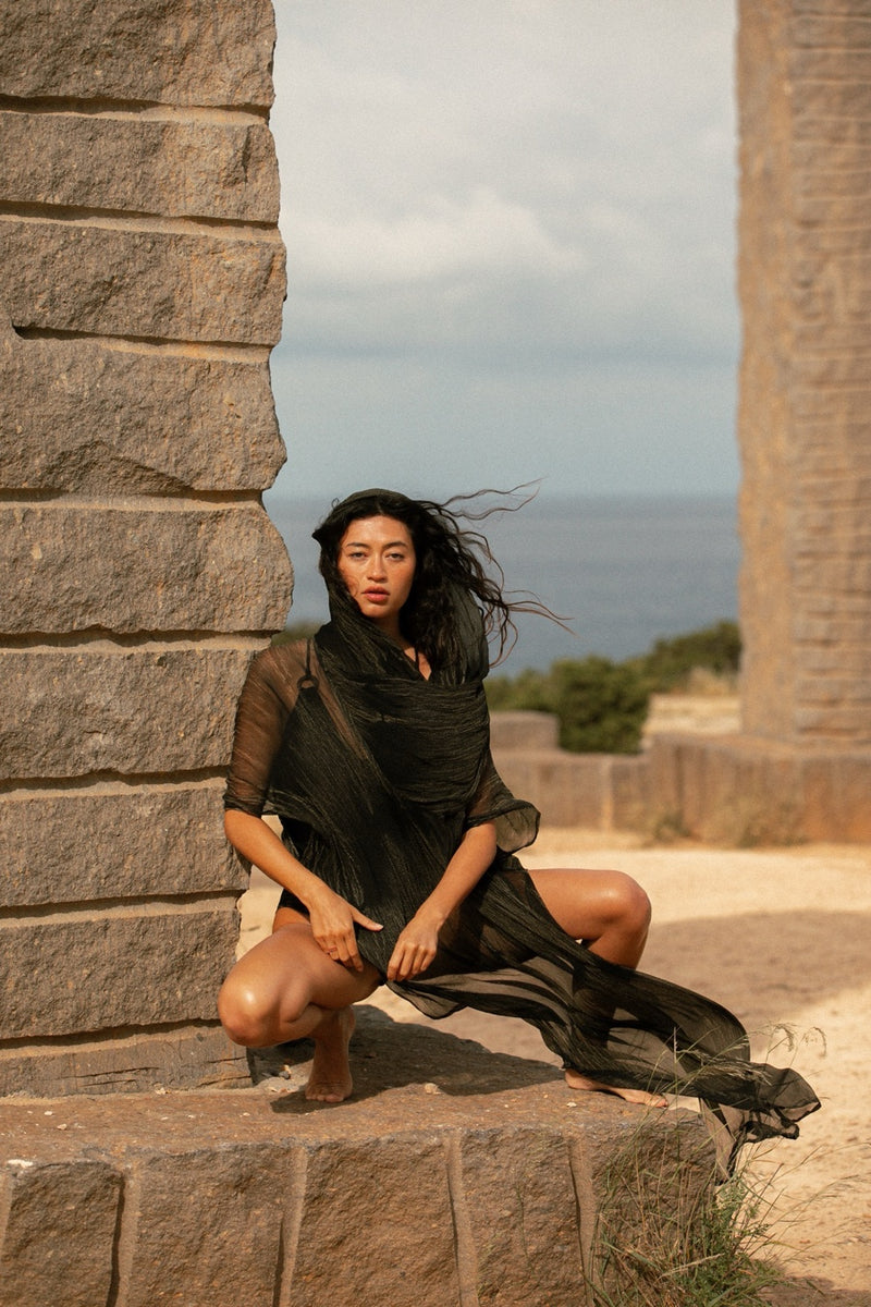 ANU DRESS CHIFFON FEATHER BLACK GREY