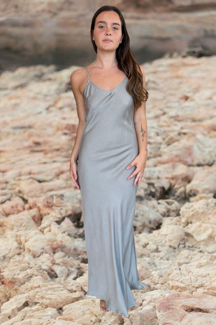 AKAIA BIAS SLIP DRESS SILVER