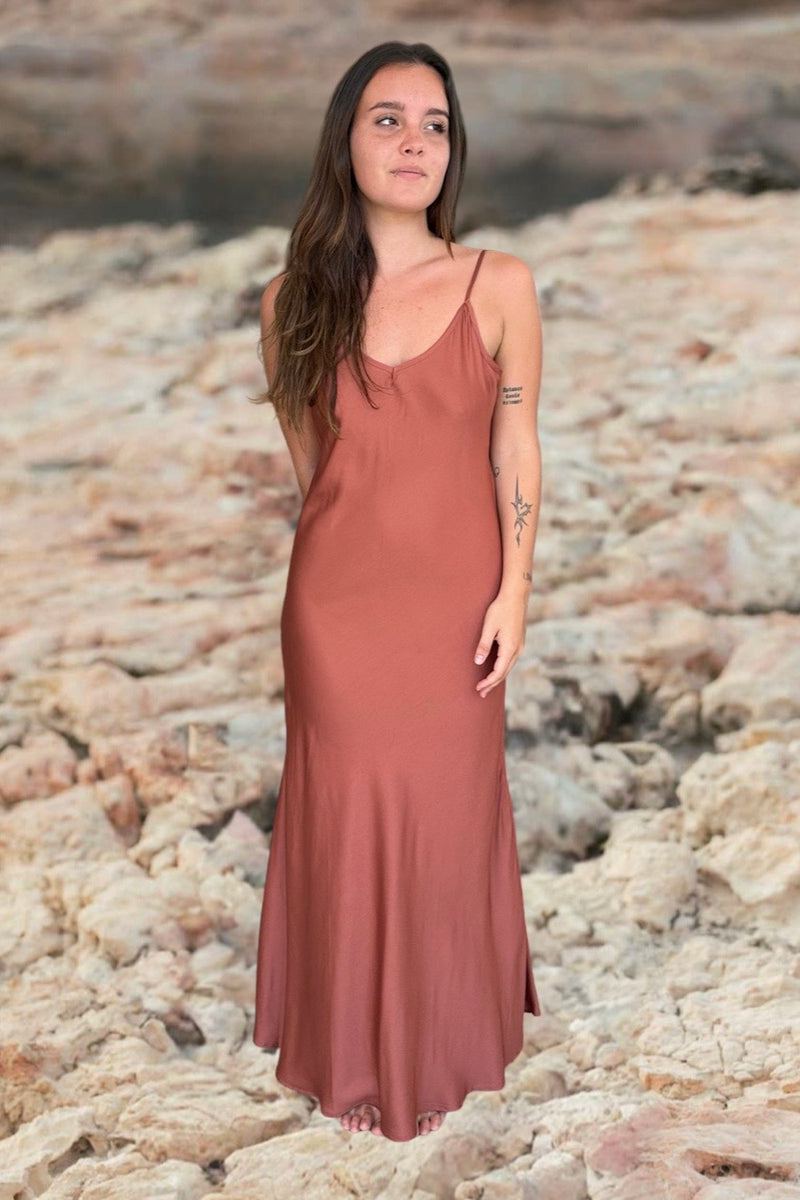 AKAIA BIAS SLIP DRESS BAKED CLAY