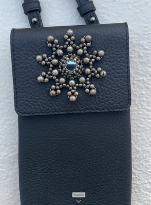 LEATHER BEADED PHONE BAG FRACTAL ANTIQUE SILVER