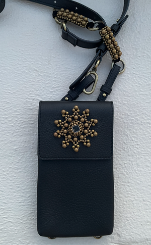 LEATHER BEADED PHONE BAG FRACTAL ANTIQUE GOLD