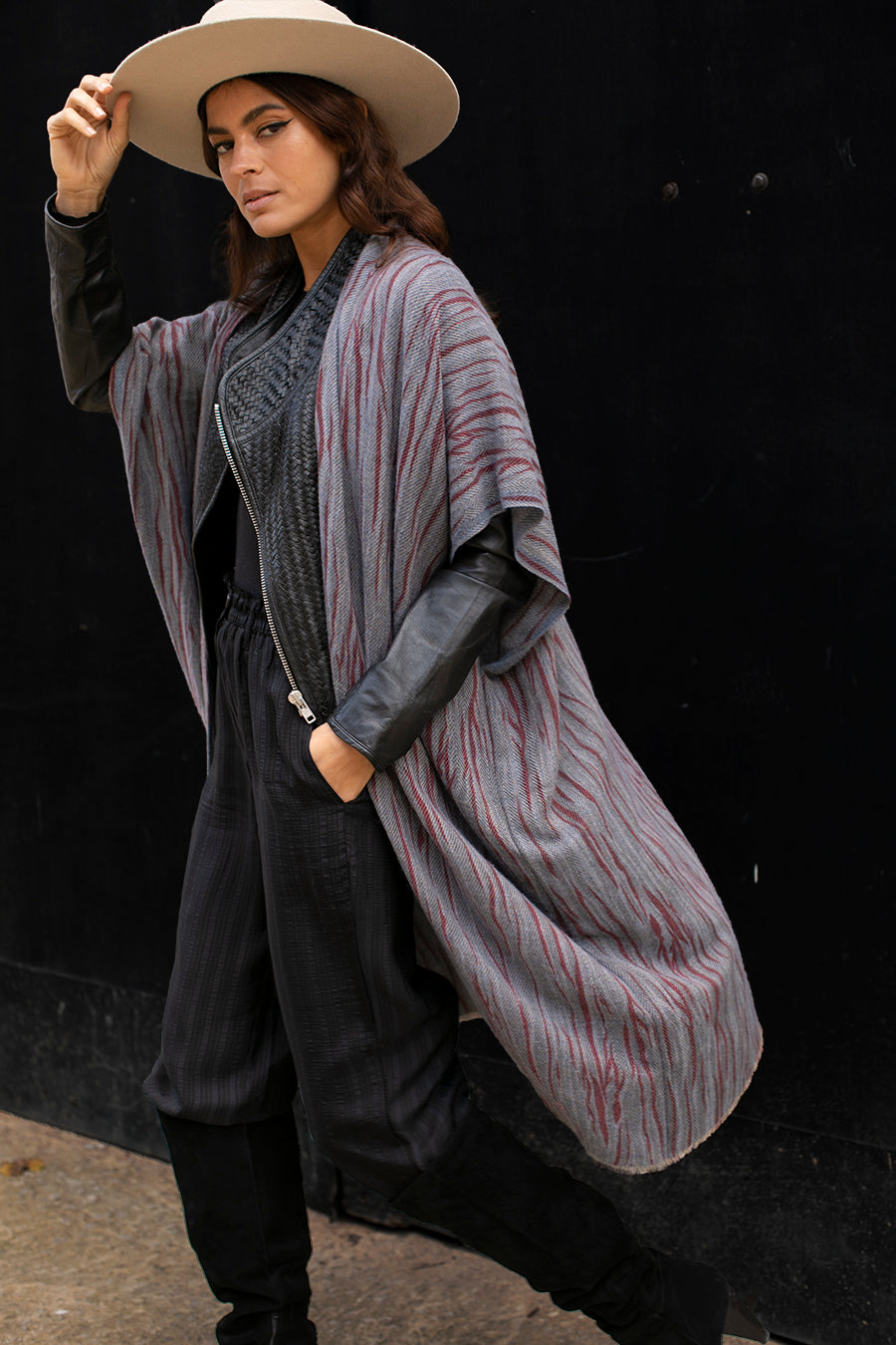 Wool Open Poncho Blue and Maroon