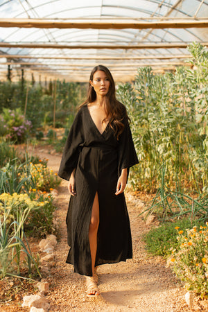 Maia Kaftan Dress Black Long Boho Cotton