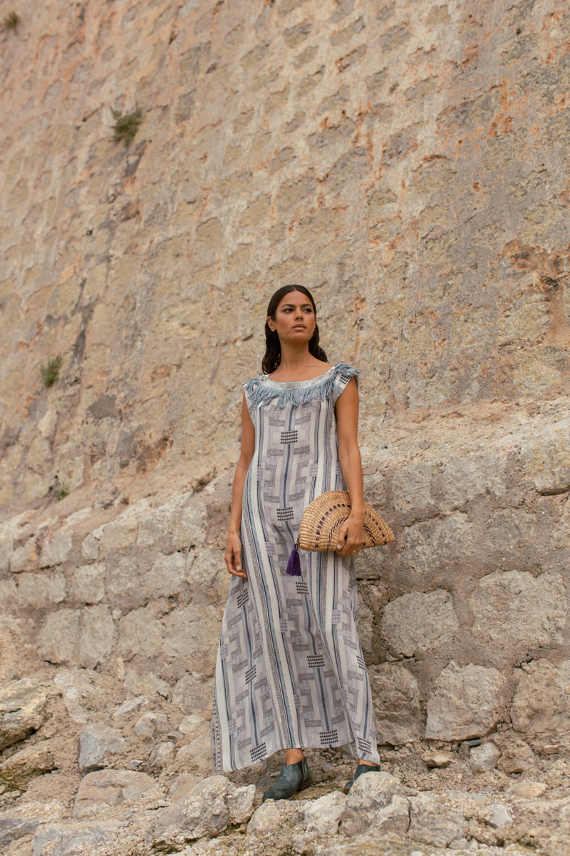 Indigo Digitally Printed Long Silk Dress
