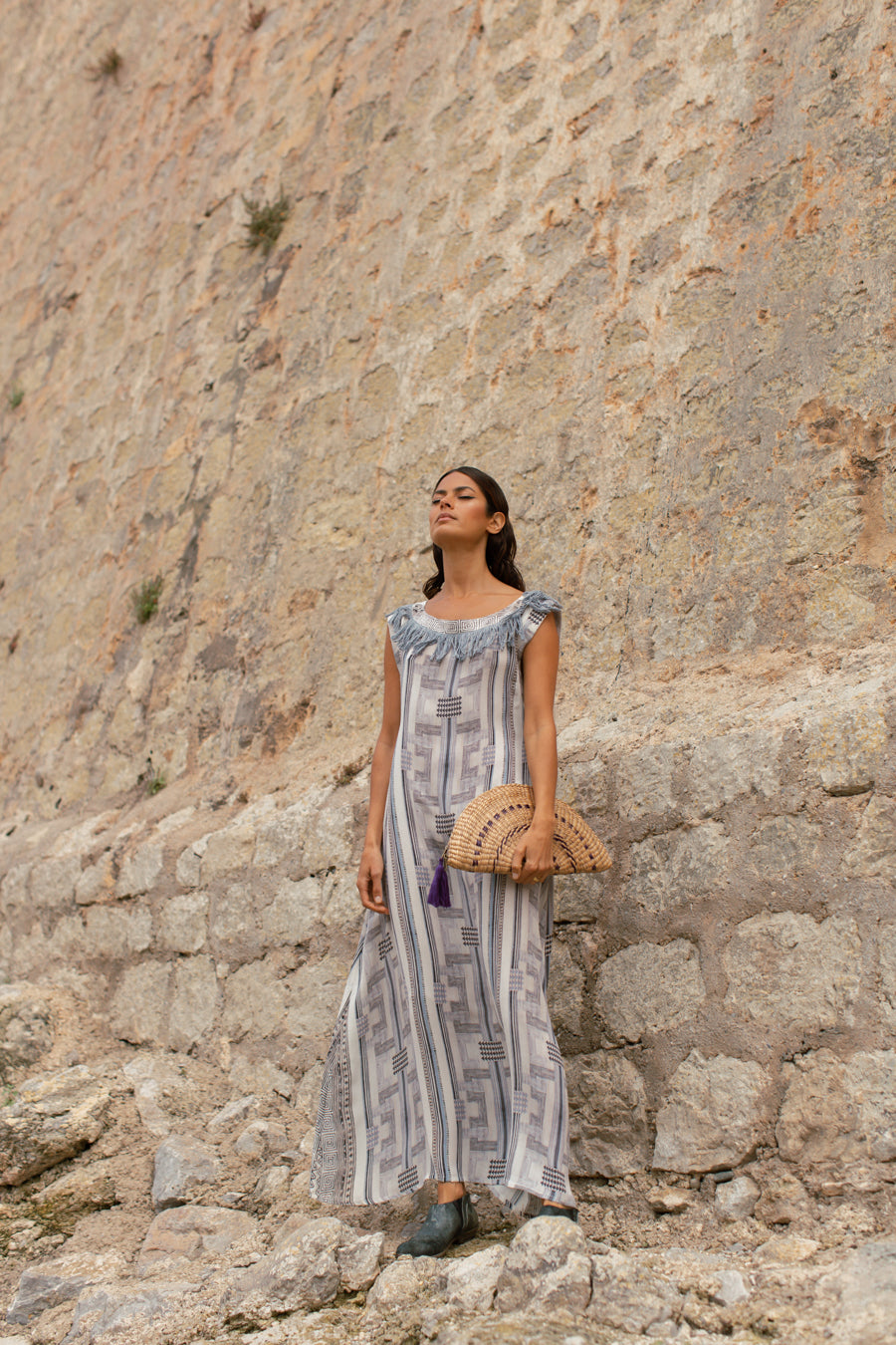 Indigo Digitally Printed Long Silk Dress