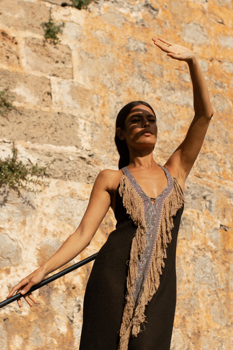 Beduin Boho Dress In Raw Silk Black With Copper Tassels