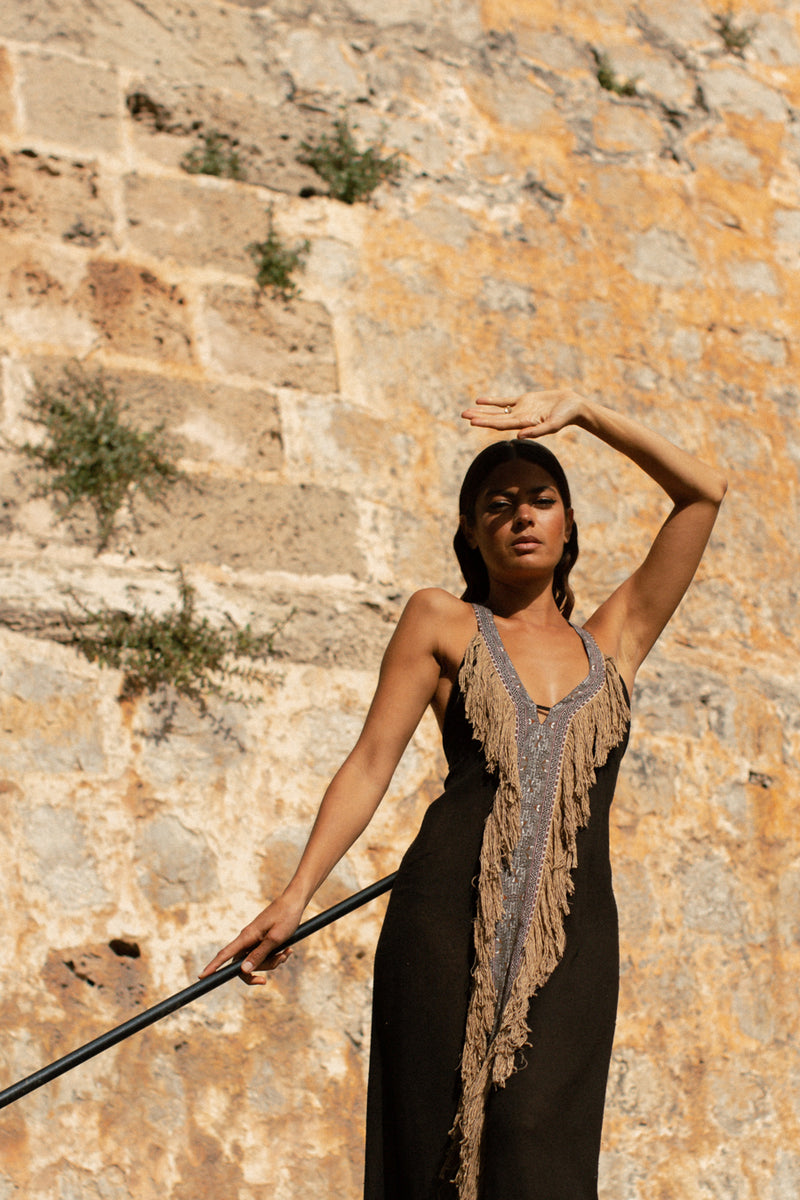 Beduin Boho Dress In Raw Silk Black With Copper Tassels