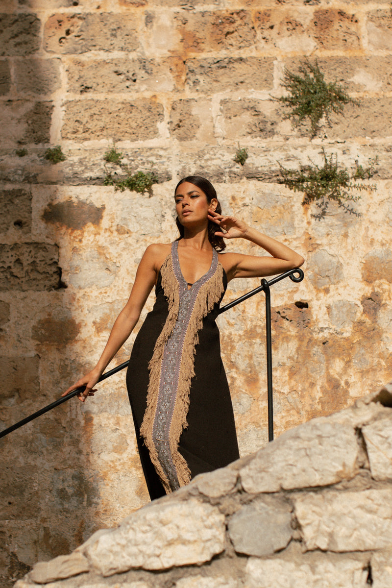 Beduin Boho Dress In Raw Silk Black With Copper Tassels