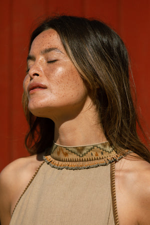 Elegant Tribal Raw Silk Dress with Beads Detail