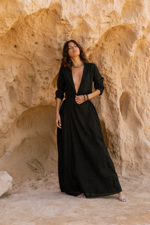 Modern Bohemian Long Black Dress with Cutouts