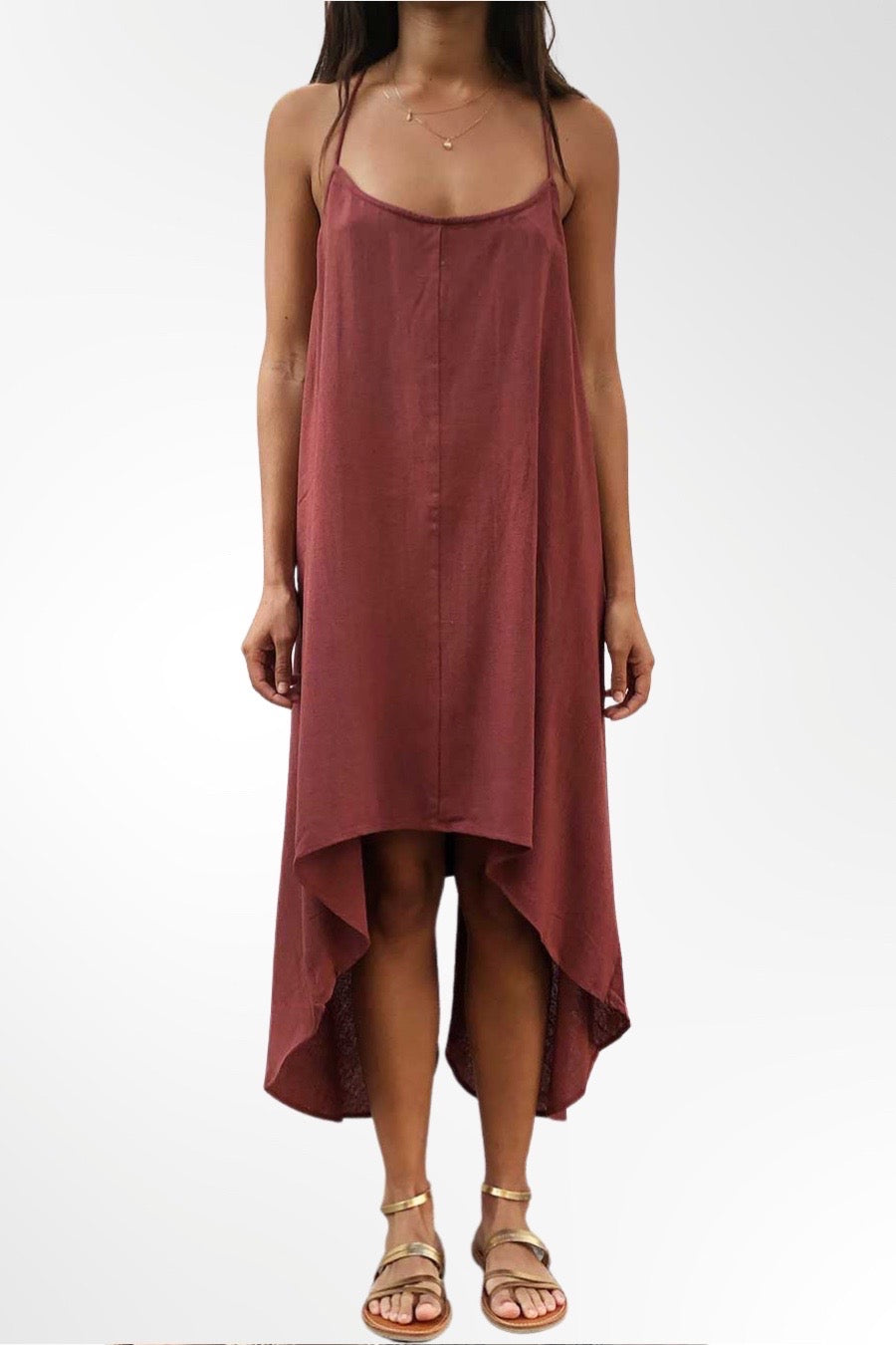 Raw Silk Asymmetrical Dress in Burnt Brick Color