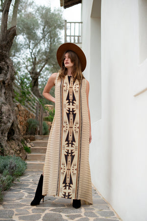 Long Boho Silk Dress with Tribal Print
