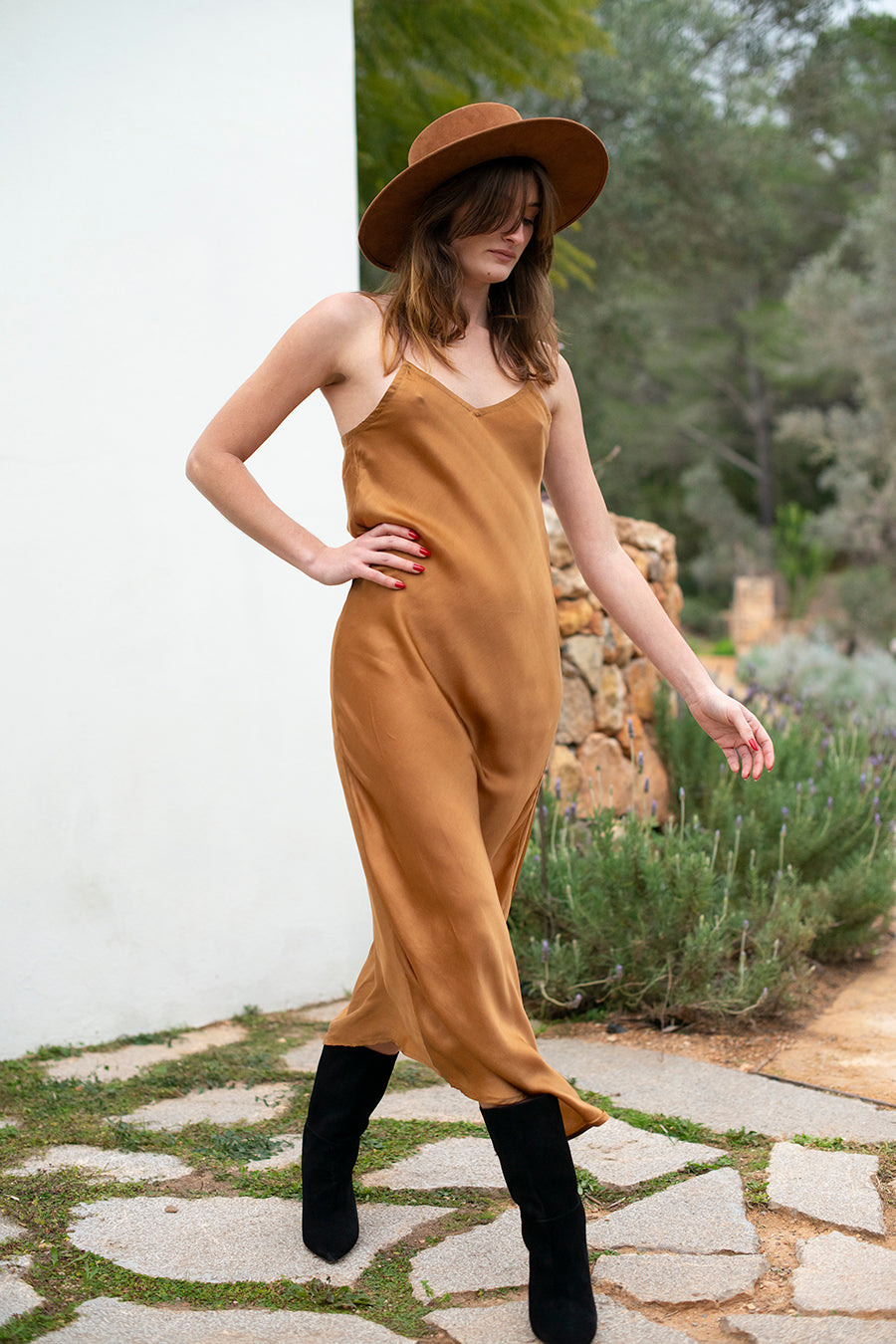 Copper Long Silk Slip Dress