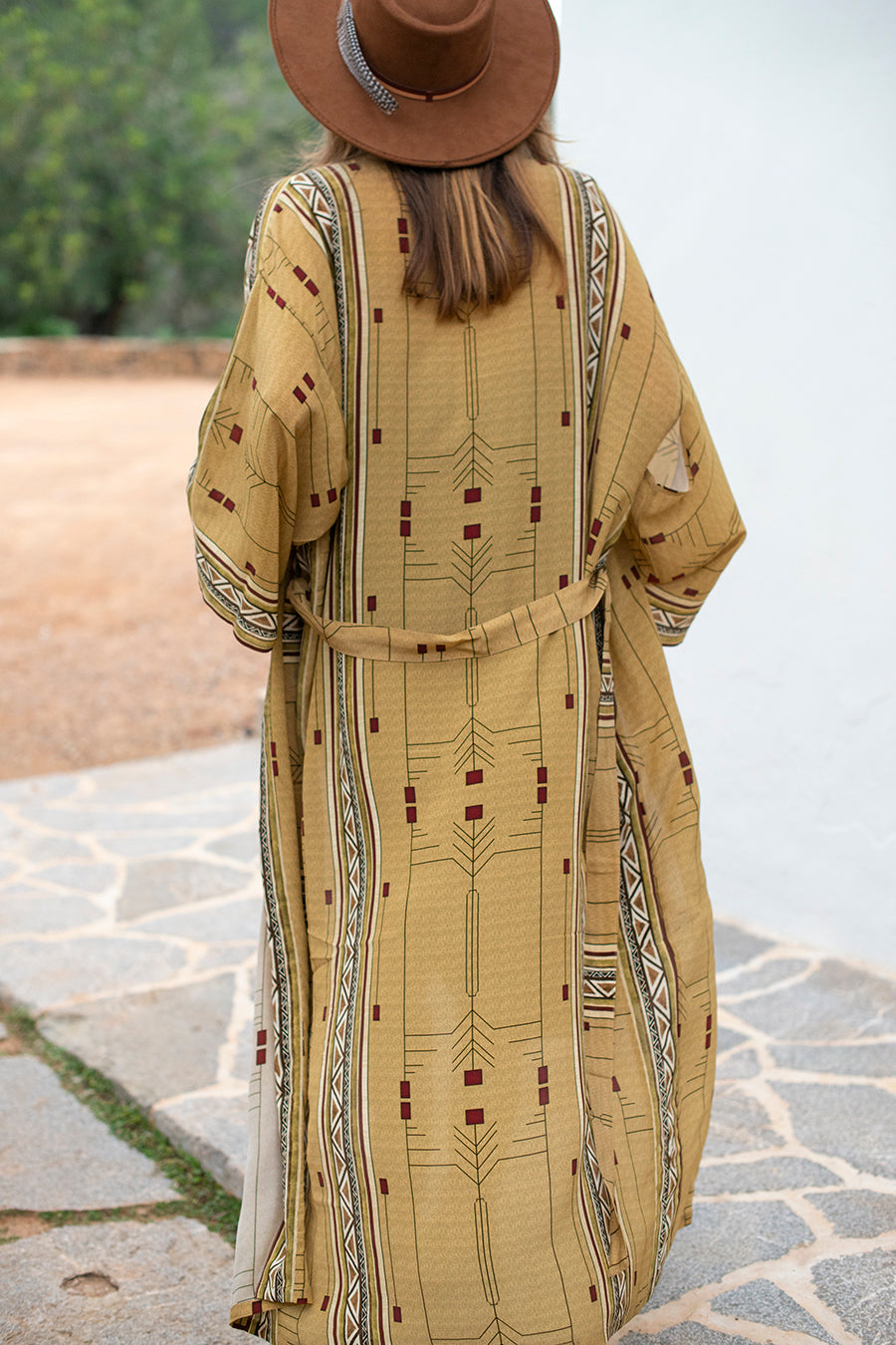 Silk Gold Kimono with Tribal Digital Print
