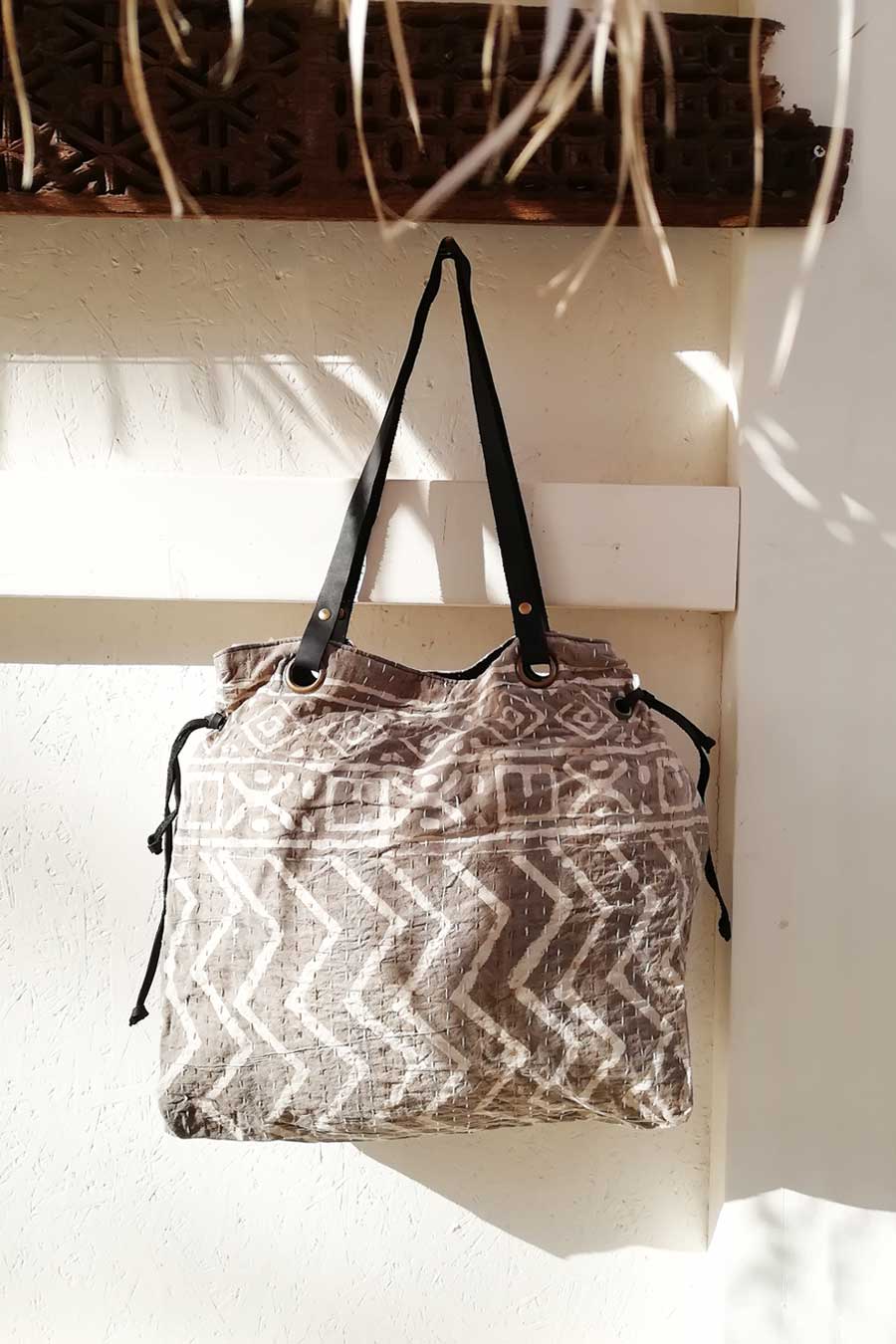 Block Print and Leather Shoulder Tote Bag