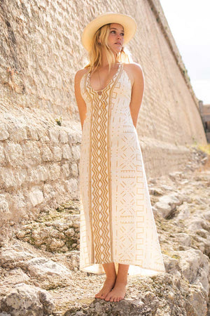 Tangier Dress Raw Silk Bogolan Block Print Off White Beige