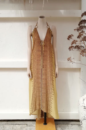 Digitally Printed Long Beige Silk Dress with Open Back