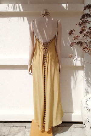 Digitally Printed Long Beige Silk Dress with Open Back