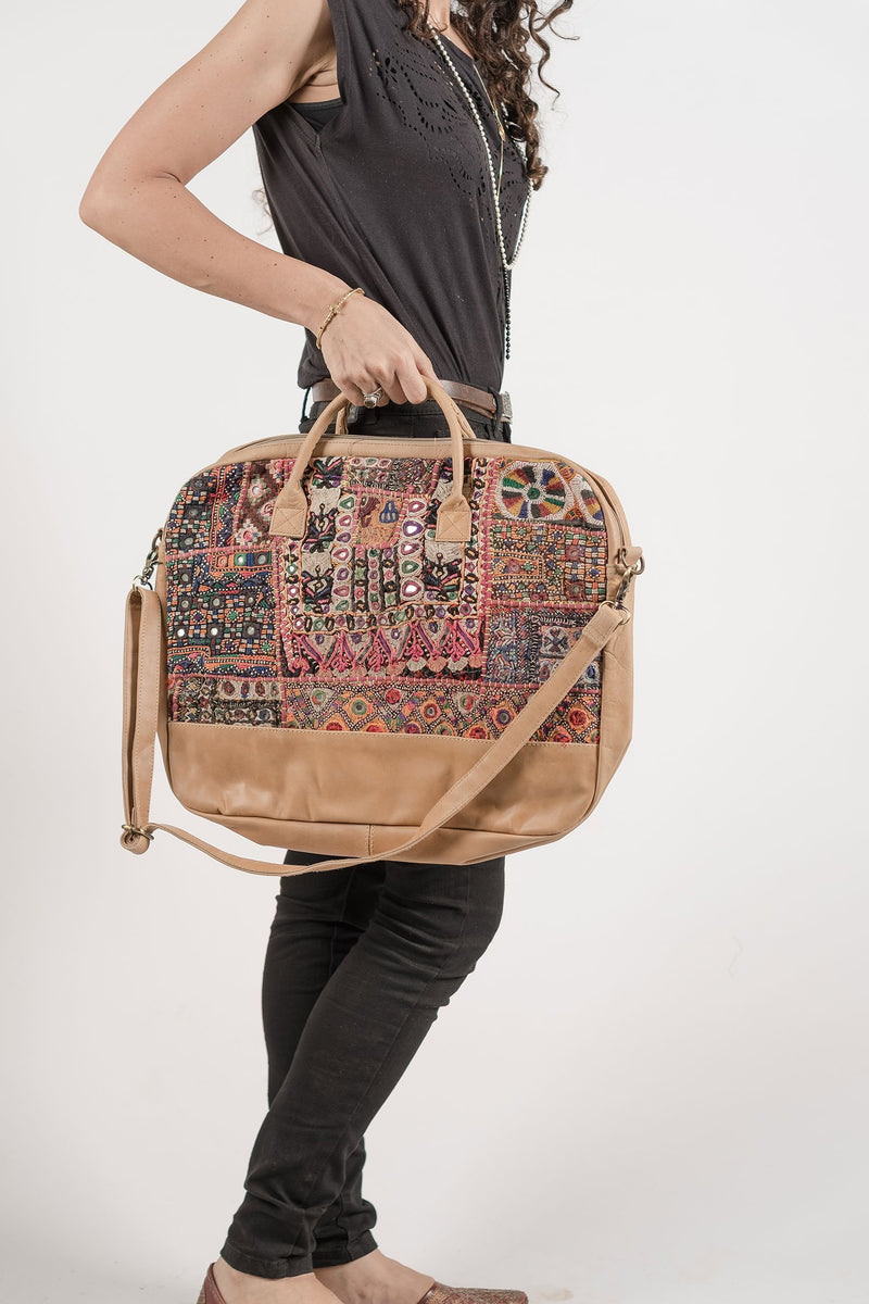 Boho Computer Bag with Leather and Embroidery