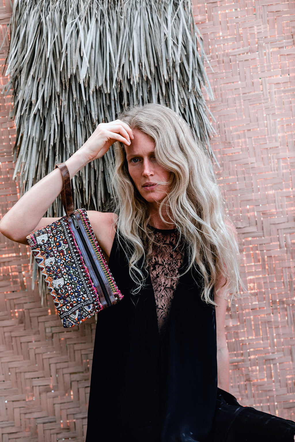 Boho Embroidery and Leather Clutch Wallet