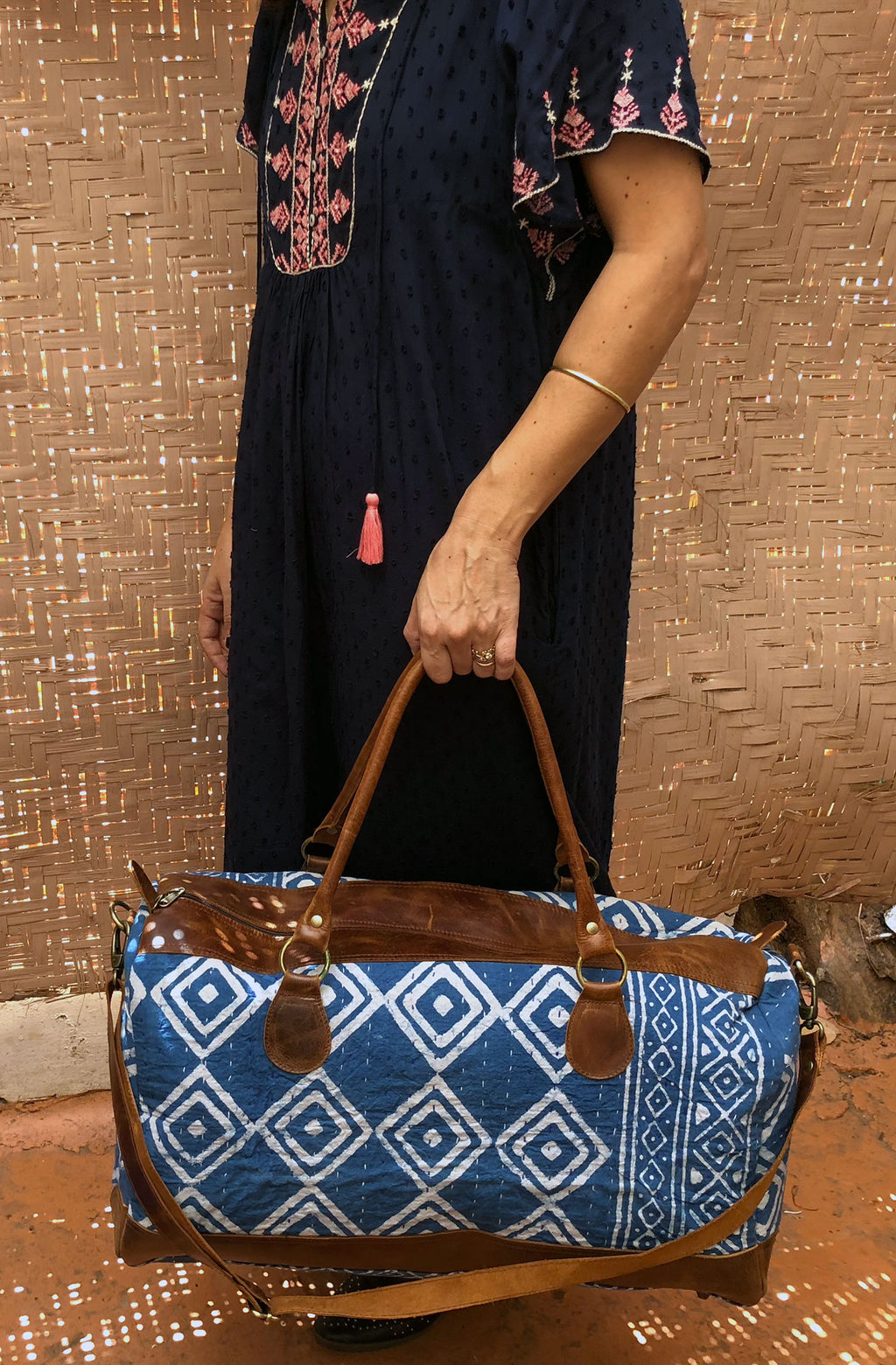 Boho Travel Bag with Vintage Fabric and Leather
