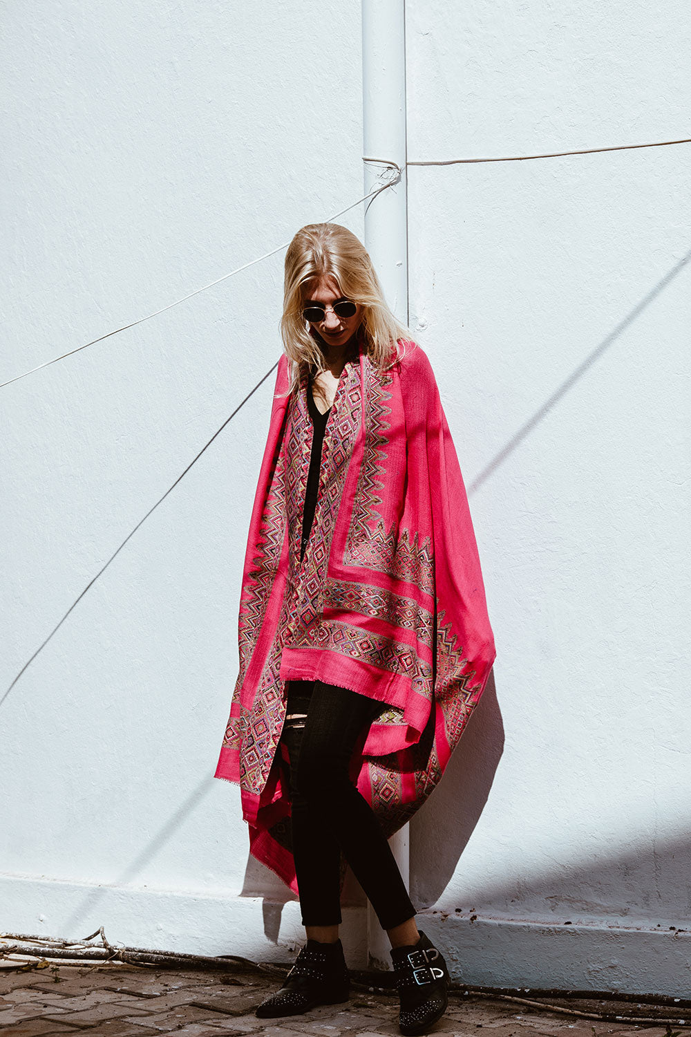 Boho Pink Wool Shawl with Embroidery