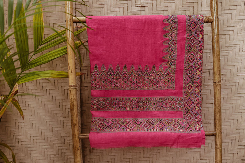 Detail of Boho Pink Wool Shawl with Embroidery