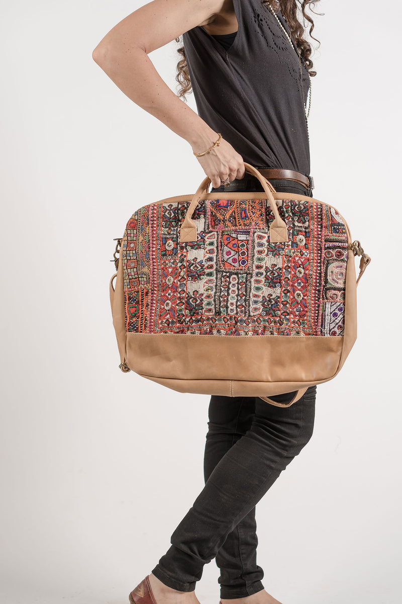 Camel Leather Laptop Bag with Embroidery
