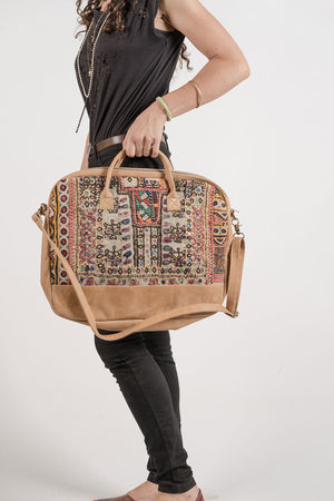 Camel Leather Laptop Bag with Embroidery