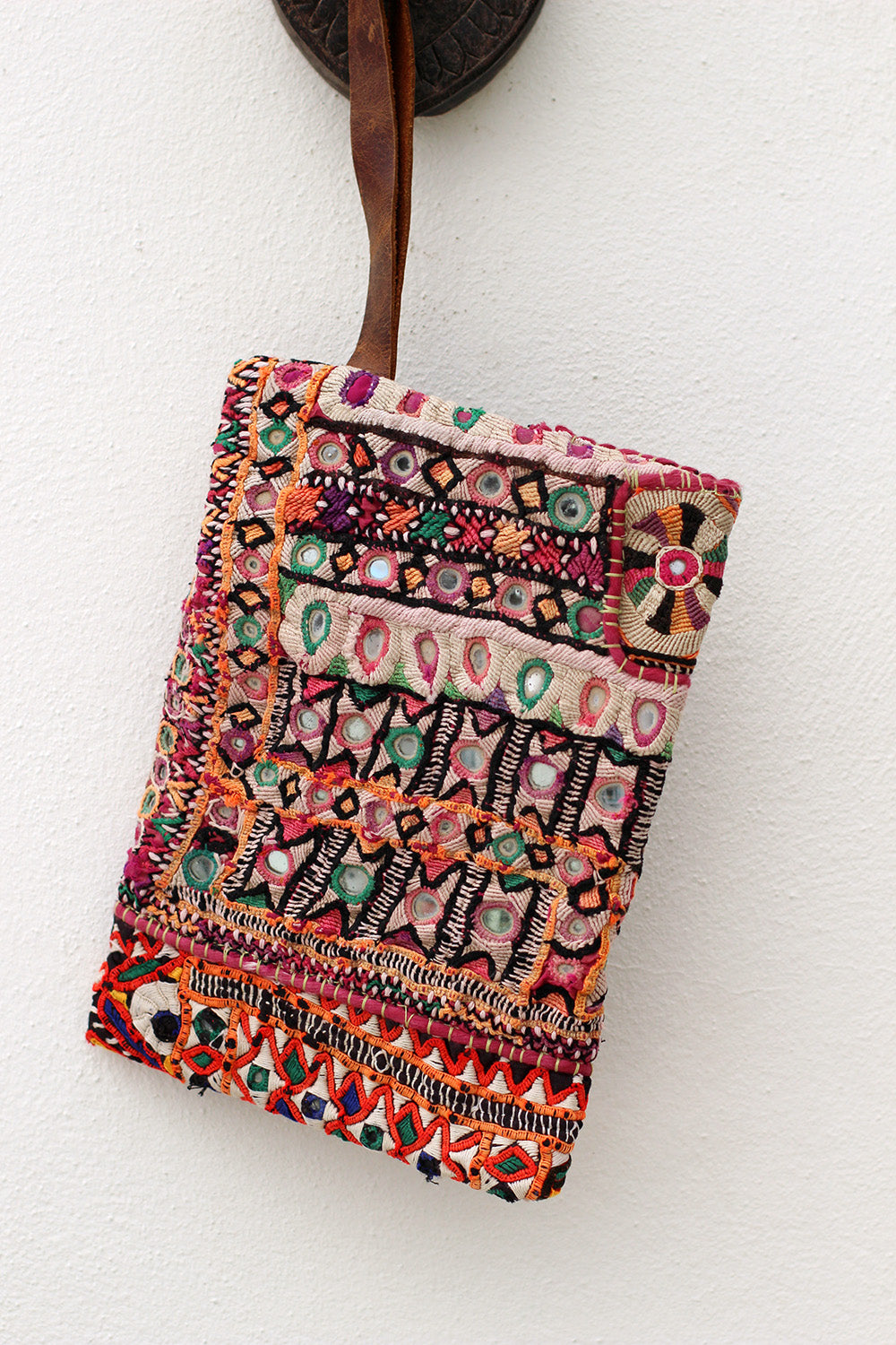 Boho Chic Vintage Embroidered Clutch Bag with Leather Strap