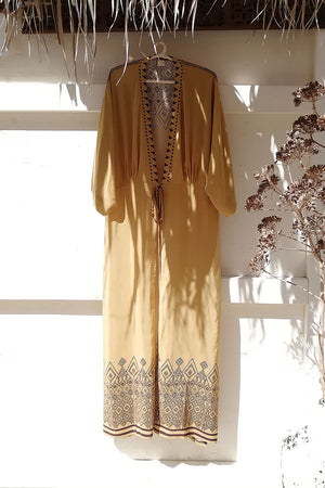 Beige and Brown Printed Silk Kimono Dress