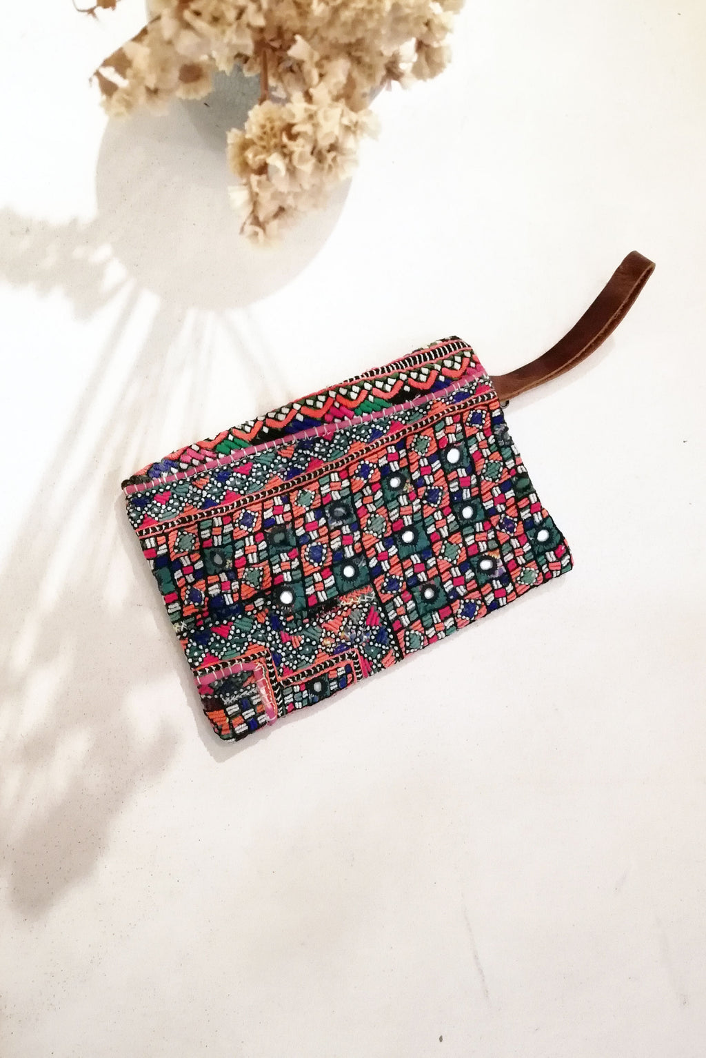 Vintage Embroidery and Brown Leather Clutch