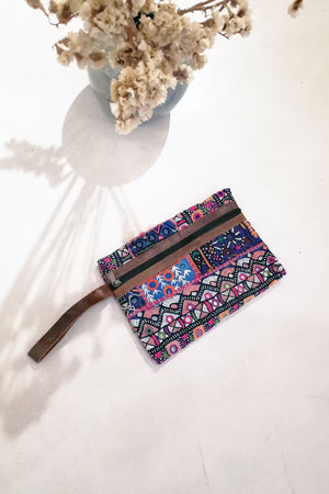 Vintage Embroidery and Brown Leather Clutch