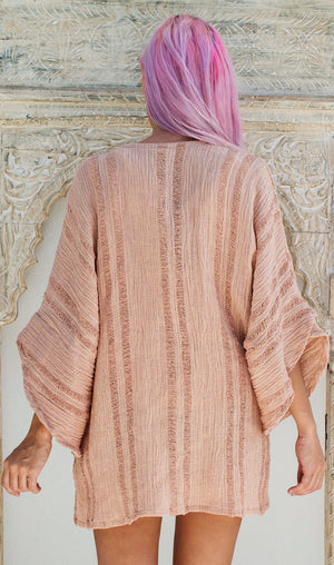 Raw Silk Shredded Kimono in Dusty Pink