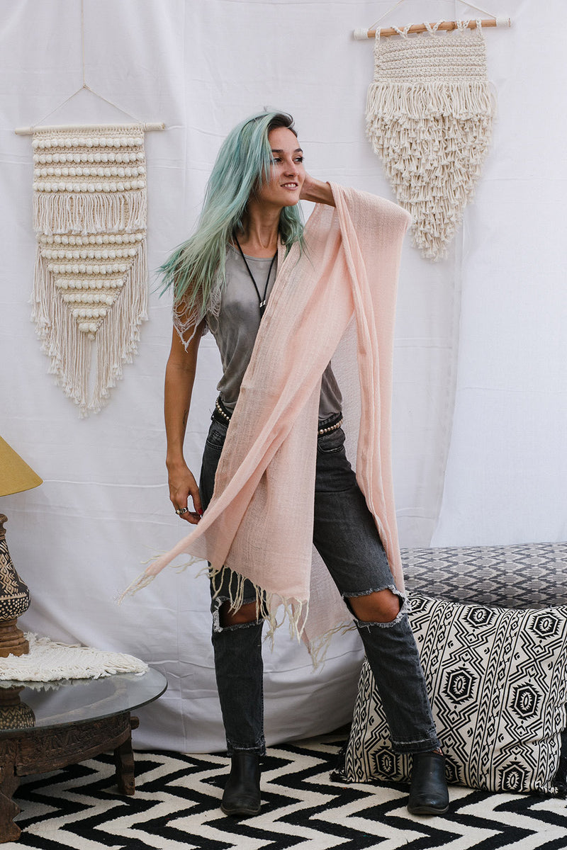 Pink and Gold Wool Shawl with Tassels