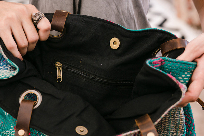 Brown Kantha Shoulder Bag with Leather Straps