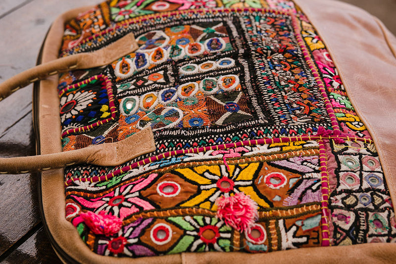 Detail of Leather Computer Bag with Antique Embroidery