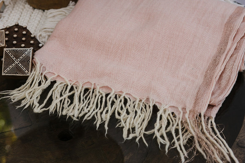 Pink and Gold Wool Shawl with Tassels