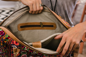 Detail of Camel Leather Boho Computer Bag with Antique Embroidery