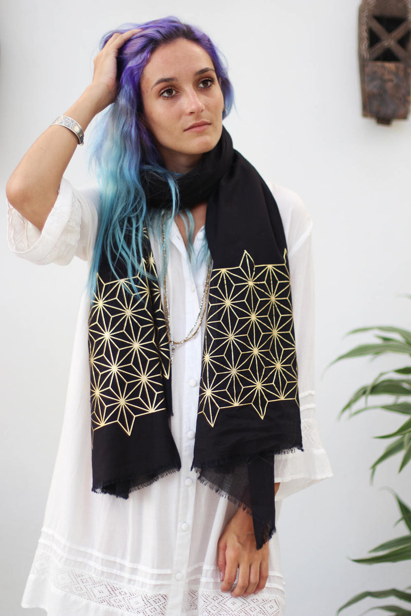 Star Black Gold Pareo Large Summer Scarf 