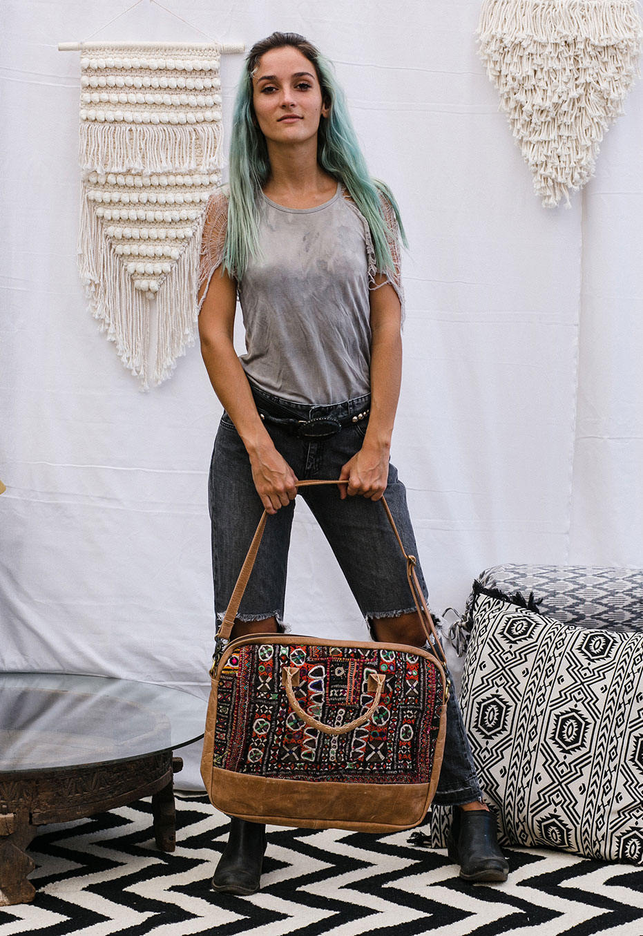 Boho Leather Laptop Bag with Vintage Embroidery
