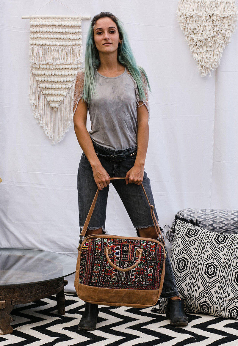 Boho Leather Laptop Bag with Vintage Embroidery