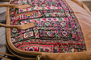Detail of Boho Leather Laptop Bag with Vintage Embroidery