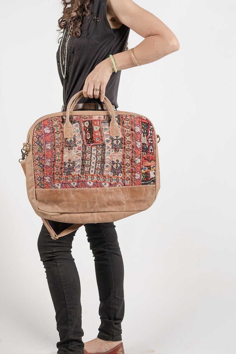 Camel Leather Boho Computer Bag with Antique Embroidery