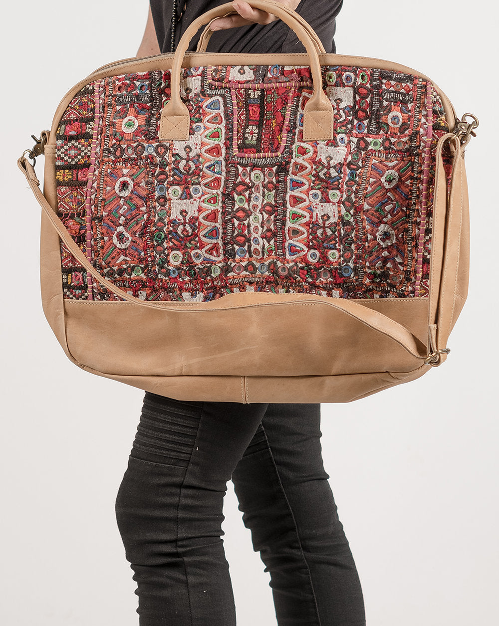 Detail of Leather Boho Laptop Bag with Antique Embroidery